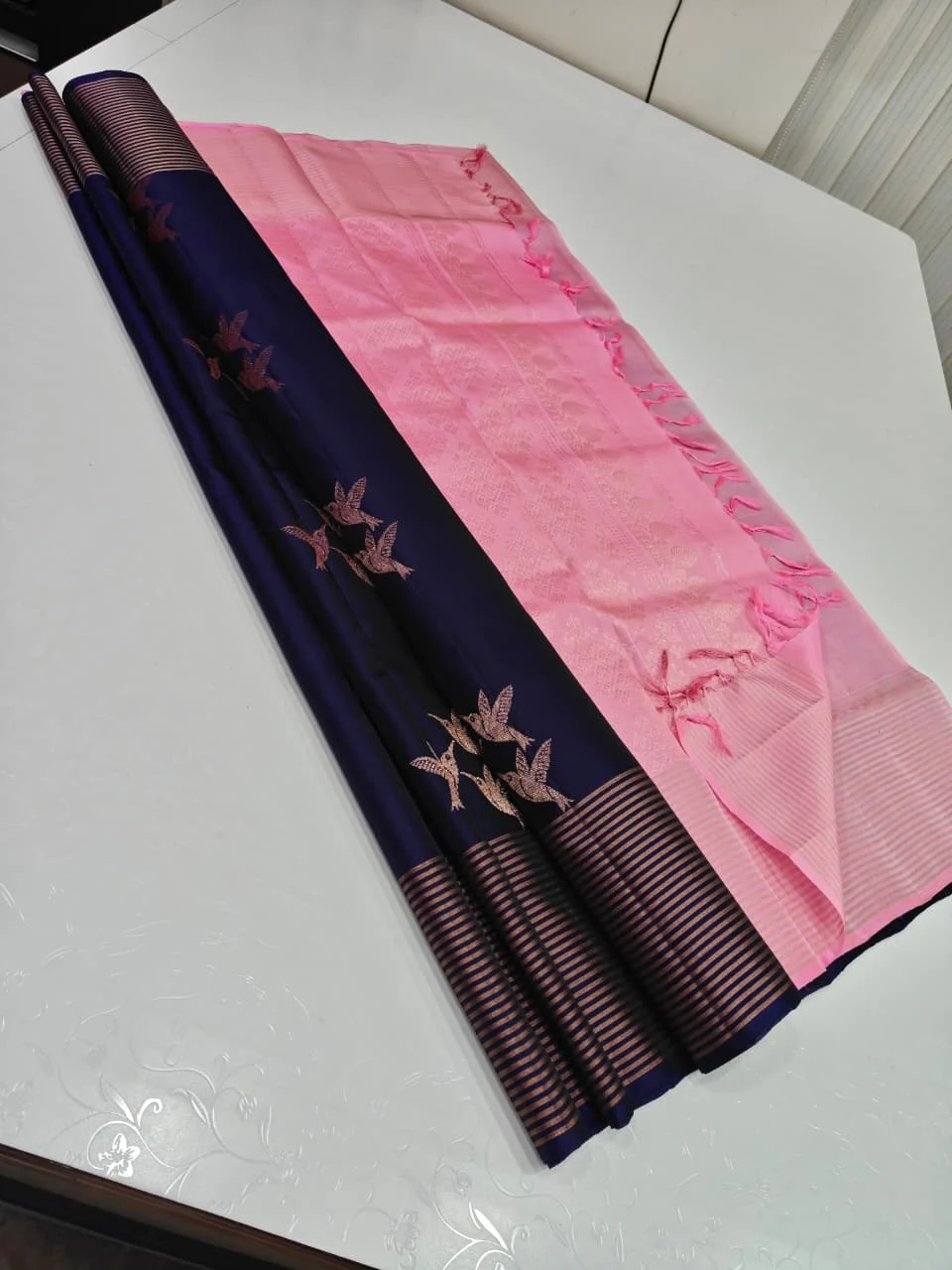 Navy Blue and Pink with Bird Buttas and Stripe Border Soft Silk Saree